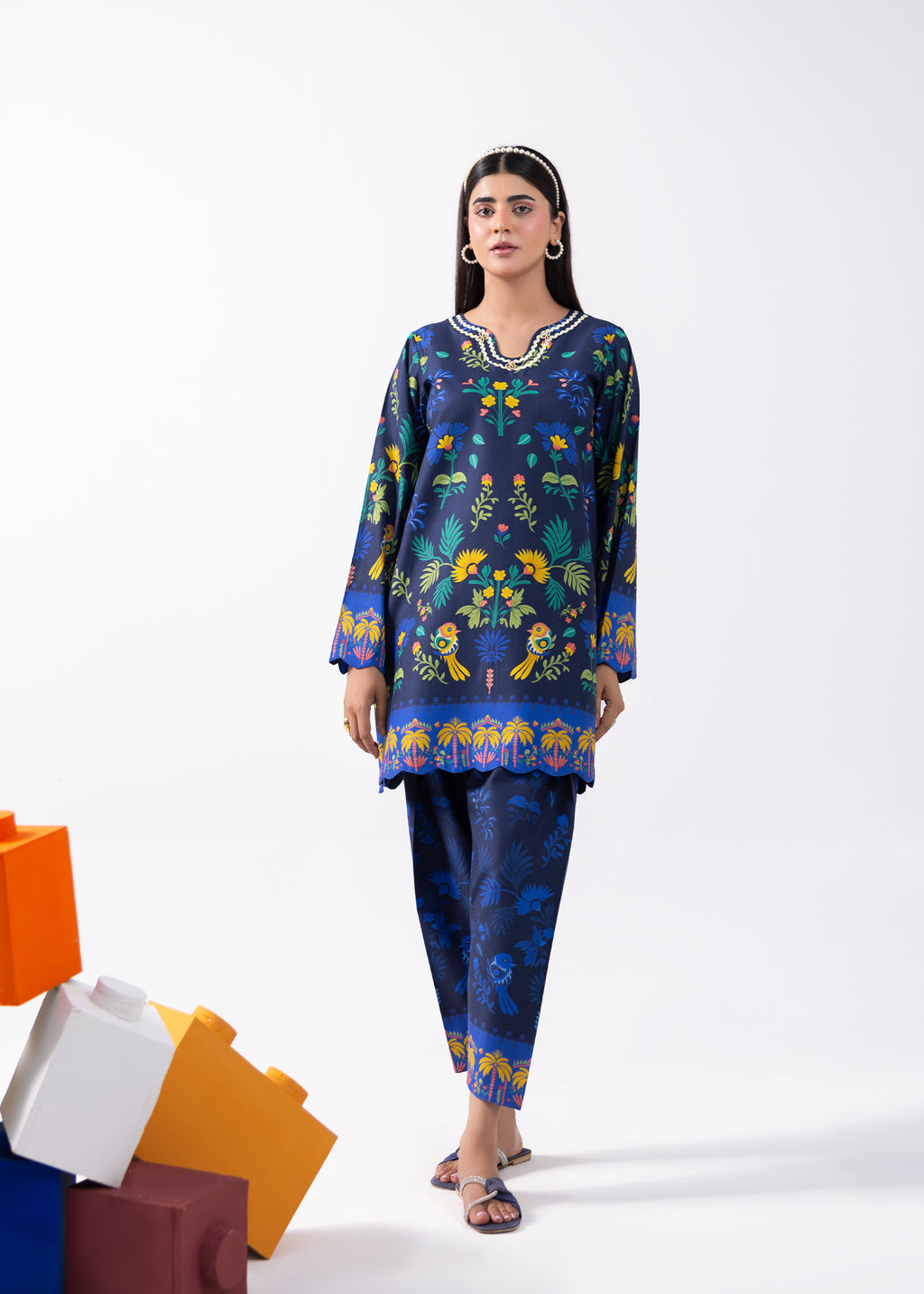Navy Tropical printed lawn co-ord set by Amber Imran